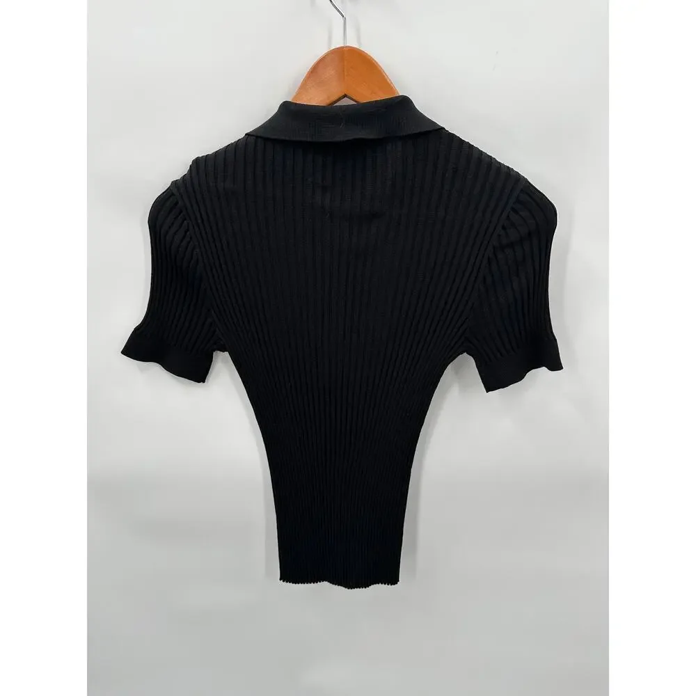 FRANK & OAK Ribbed Black Short Sleeve Collared Top // M - Picture 8 of 8
